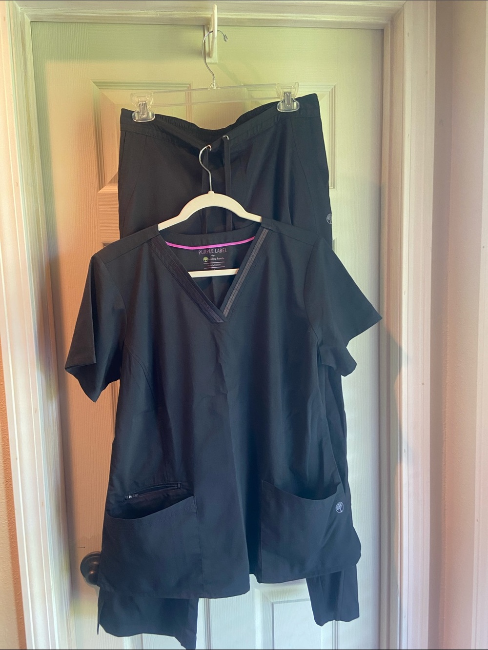 healing hands Large Black Scrub Top and Medium Drawstring Joggers